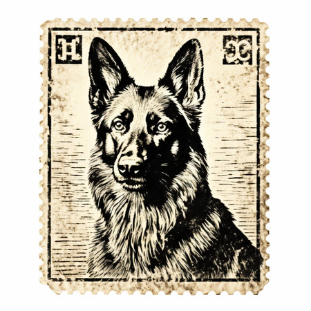 german shepherd postage stamp featuring a digitally enhanced, graflex speed graphic-style image. this stamp showcases a vintage cut-and-paste aesthetic, reminiscent of ambrotype and noir comic art. a unique matte photo effect adds to the charm of this german shepherd stamp from germany. ai generatedの素材