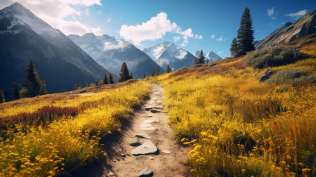 a breathtaking photograph captures a plain hiking trail adorned with vibrant hues of yellow, blue, pink, and black. the strong shadows cast by the golden light add depth and drama to the scene. this pastel-inspired, award-winning illustration showcases high quality and intricate details, reminiscent of the works of ansel adams and andrew tischler. shot with a zoom lens and using ferrania p30 film, it exudesの素材