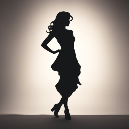 a silhouette of a smiling girl is showcased against a light background, reminiscent of glamorous pin-ups. this dark and brooding designer image, digitally enhanced and sculpted, captures the essence of a slumped and draped pose. this low-resolution associated press photo exudes a captivating aura. ai generatedの素材