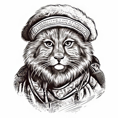 a cartoon tiger and her bearded dog, the spirit of the land, are depicted in this old tibetan tiger vector drawing. the detailed cross-hatching style adds depth and texture to the artwork. inspired by frostpunk, celebrity portraits with personality are created using a soviet lens and a hip-hop style. these close-up shots are perfect for screen printing. ai generatedの素材