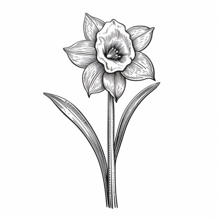 a black and white image of a daffodil, reminiscent of classic tattoo motifs, with a hand-drawn animation style. the design draws inspiration from artists such as john tenniel, georg jensen, and jon klassen. the daffodil is rendered realistically, with clean and sharp inking, creating a visually striking and detailed composition. ai generatedの素材
