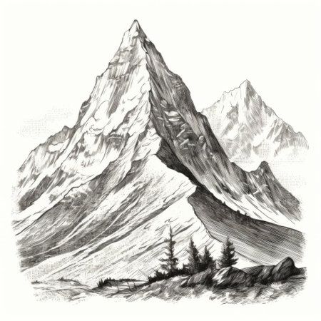 a sketch of a mountain range and trees, showcasing highly detailed illustrations in the style of swiss realism. this national geographic photo captures the essence of vintage imagery with its historical illustration vibe. the dark silver and white tones add a touch of elegance to this captivating artwork. ai generatedの素材