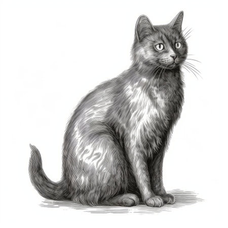 an old black and white drawing of a cat, done in a realistic and detailed style, with flat shading. the cat is depicted on a white background, using light magenta and dark gray tones. the drawing resembles historical illustrations, such as persian miniatures and children's book illustrations. it has a touch of zbrush influence. ai generatedの素材