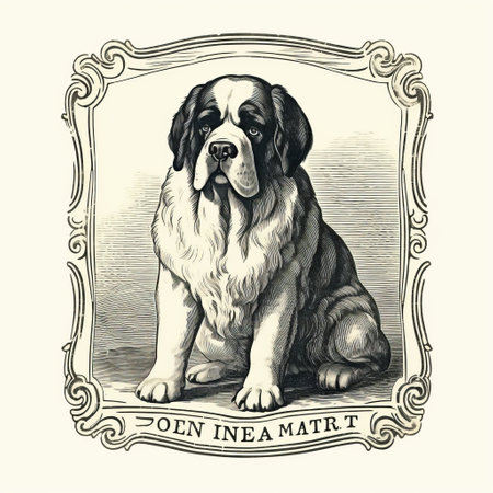 a st. bernard dog sits gracefully within a beautifully crafted antique frame, showcasing a unique blend of simplistic vector art, victorian engravings, visual puns, qajar art, dutch marine scenes, hyper-realistic animal illustrations, and logo design. ai generatedの素材