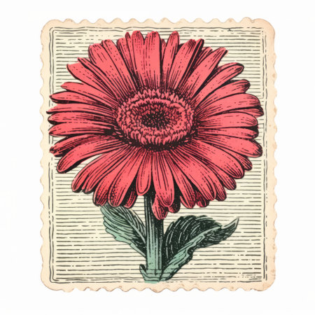 vintage gerbera flower sticker: this charming sticker design captures the essence of woodcut-inspired graphics, 19th-century american paintings, and whimsical illustrations. with a touch of daguerreotype aesthetics and the nostalgic feel of works on paper, this vintage-inspired sticker is perfect for adding a touch of charm to any project. ideal for instax enthusiasts and lovers of unique illustrations. ai generatedの素材