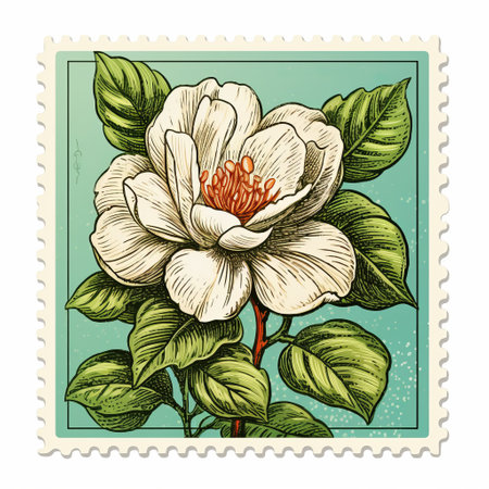 a stamp featuring a mid-century style illustration of a white carnation flower. the design is accurate, detailed, and reminiscent of storybook illustrations. it showcases exotic flora and fauna in a cyan and beige color scheme, with a touch of southern gothic inspiration. ai generatedの素材