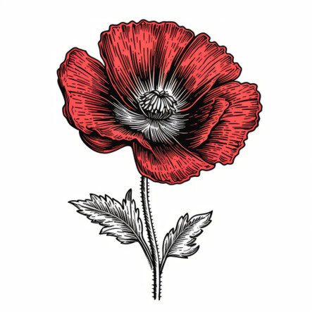 a poppy flower vector image inspired by raymond pettibon's style, featuring victorian-inspired illustrations. this monochromatic artwork showcases a blend of realism and detailed engraving, reminiscent of the works of kerem beyit. the light black and red color palette enhances the linear illustrations, creating a visually captivating composition. ai generatedの素材