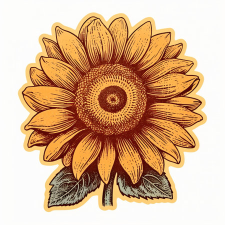 a vintage-inspired sunflower sketch, reminiscent of poster designs, showcases intricate engraving details. the feminine sticker art style adds a unique touch to the light brown color palette. created on a shaped canvas, this artwork exudes a strong facial expression. perfect for screen printing enthusiasts and lovers of detailed illustrations. ai generatedの素材