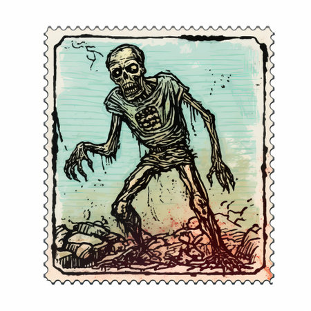 a zombie stamping around on the ground is depicted in this macabre and nostalgic digital illustration. the vibrant colors of light brown and dark aquamarine add to the eerie atmosphere. this illustration captures the essence of nostalgic post-impressionism with its unique style and attention to detail. ai generatedの素材