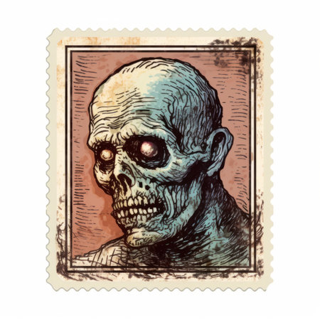 a highly detailed stamp featuring a zombie character face in the style of golden age illustrations. the skeletal design is complemented by light maroon and blue colors, reminiscent of necronomicon illustrations. this matte photo showcases the intricate details of the primitive figurines. ai generatedの素材
