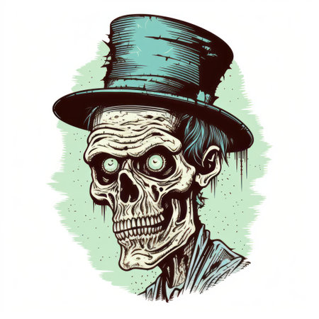 the skeleton, adorned with a top hat, showcases a highly detailed illustration reminiscent of iconic pop culture caricatures. the color palette of light cyan and green adds a unique touch to the image. inspired by necronomicon illustrations and the works of alson skinner clark and wojciech siudmak, the skeleton's strong facial expression captivates the viewer. ai generatedの素材