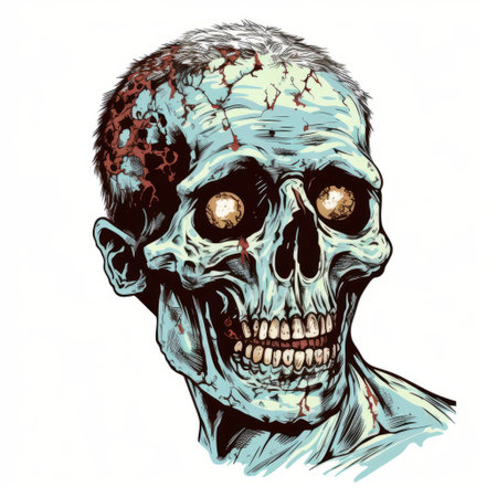 a skull print halloween poster featuring a detailed character illustration in the style of realistic hyper-detail. the poster showcases a light cyan and bronze color scheme, with intricate use of hatching to create a deconstructive and zombiecore aesthetic. the strong facial expression adds to the overall impact of the design. ai generatedの素材