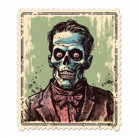 a vintage style stamp showcasing a spooky character, frankenstein, in a colorful portraiture style. this meticulously detailed tabletop photograph captures the essence of vintage poster art with its skull motifs and careful framing. the skeletal features of the character add an eerie touch to the overall composition. ai generatedの素材