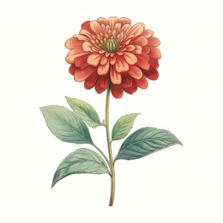 the red flower with green leaves is depicted in a nostalgic illustration style, showcasing highly detailed and realistic elements. the scientific and historical illustrations feature light orange and light navy tones, enhancing the overall aesthetic appeal. the intricate detailing of the flower and leaves adds depth and authenticity to the illustration. ai generatedの素材