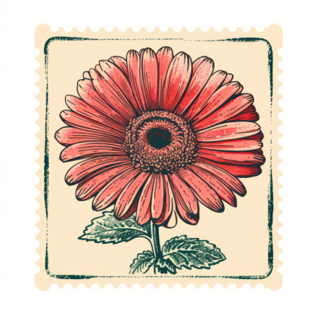 a high-quality photo of a gerber daisy postage stamp vector, featuring a victorian-inspired illustration style. the terracotta color palette and faded palates give it a mid-century illustration vibe, reminiscent of traditional printmaking techniques. ai generatedの素材