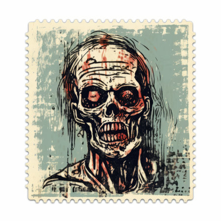 the zombie head of rafael kmpensa is featured on postage stamps in this design illustration. the artwork showcases a digitally enhanced style with flat shading, incorporating light bronze and light blue tones. the graphic illustration displays a heavy impasto texture, emphasizing the skeletal features of the zombie head. ai generatedの素材