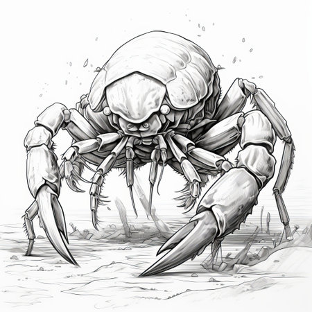 a white crab with numerous legs is depicted in this aggressive digital illustration. the artwork showcases elements of 2d game art and meticulous inking, resulting in clean and sharp lines. the primitive structures add a unique touch to this fantasy illustration, giving it a heistcore vibe. ai generatedの素材