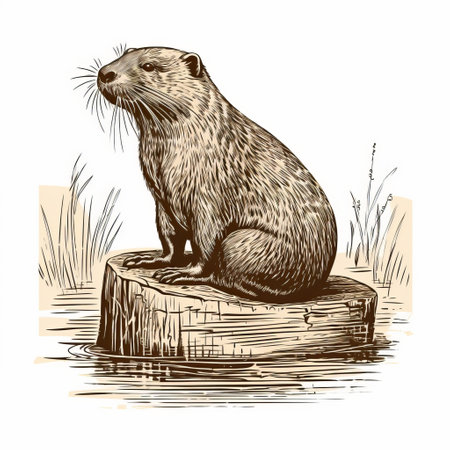a vintage-style cartoon illustration of a beaver sitting on a log, showcasing hyper-realistic animal details reminiscent of delicate etchings by artist alexei harlamoff. the linear illustrations beautifully capture the coastal scenery, creating a visually captivating image. ai generatedの素材
