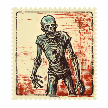 a zombie stamp featuring nostalgic illustration style by matthias haker. this reductionist form captures traditional poses in light cyan and dark crimson. the lively action poses make this associated press photo a captivating depiction of the undead. ai generatedの素材