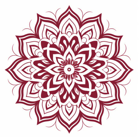 a mandala illustration vector image featuring a mandala flower graphic design. the design is in the style of light maroon and red, with a linear simplicity. it incorporates classic tattoo motifs and bold stencil elements. the white background enhances the tattoo-inspired feel, while the free-flowing lines add a sense of movement. this royalty-free image is perfect for various design projects. ai generatedの素材