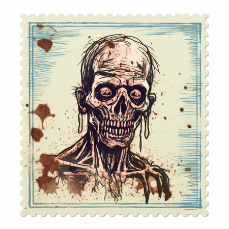 a vintage stamp featuring a detailed illustration of a decomposing zombie. the artwork showcases realistic usage of light and color, with a dark brown and light blue color scheme. this unique piece is a testament to the artist's expertise in object portraiture and their ability to create realistic forms. ai generatedの素材