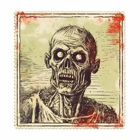 a grungy zombie-themed stamp featuring a nostalgic illustration style by john mckinstry. the stamp is framed and reminiscent of charming character illustrations. this uhd image captures the unique and captivating artwork of keith carter, as seen in the associated press photo. ai generatedの素材