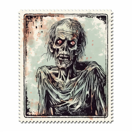 a highly detailed illustration of a zombie is featured on this postage stamp. the design is reminiscent of the intricate style of alson skinner clark's artwork. the image is captured in uhd quality, resembling the look of instant film. the stamp showcases a combination of light maroon and light blue colors, evoking a sense of eerie ambiance. the zombie's appearance is reminiscent of illustrations foundの素材