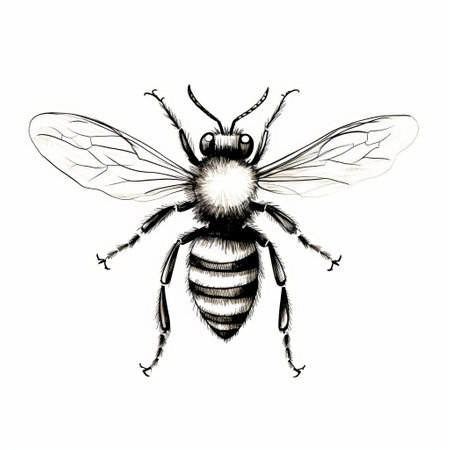 a black and white drawing of a bee, showcasing realistic usage of light and color. this hand-drawn illustration features rustic realism and elegant inking techniques, resulting in highly detailed and intricate elements. the style of the drawing falls under bugcore and trace monotone, capturing the essence of the bee in a visually captivating manner. ai generatedの素材