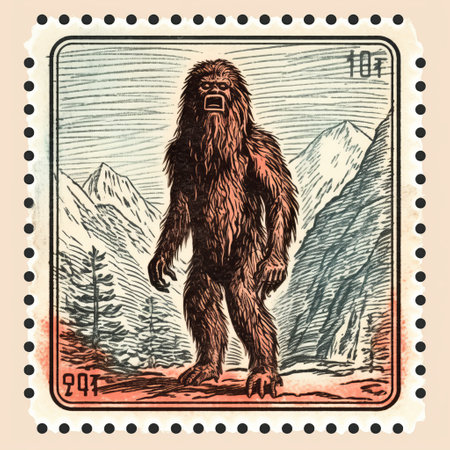a stamped postage featuring a mid-century style illustration of a large bigfoot. this official art showcases the psychological phenomena of the legendary creature. captured with a steinheil quinon 55mm f19 lens and digitally enhanced, the image highlights the majestic mountainous vistas. shot using a zeiss ikon zm camera, this unique postage merges art and nature seamlessly. ai generatedの素材