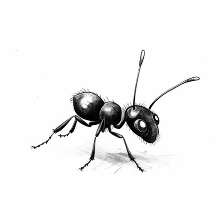 a black and white ant with a head in the middle, depicted in the precisionist art style. this detailed character illustration showcases flat shading and elements of massurrealism. the full body of the ant is captured with intricate etchings, resulting in a charming and visually captivating artwork. ai generatedの素材