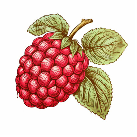 a hand-drawn vector illustration of a raspberry seed, reminiscent of the style of william holman hunt. the colorful drawing showcases vintage imagery with light red and light green hues. captured using a canon eos 5d mark iv, the composition features a light yellow and light maroon background, creating a classic still-life aesthetic. ai generatedの素材
