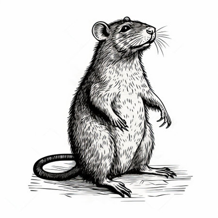 a black and white silhouette of a rat with a pointed ear, resembling a wood engraving. the animated gifs showcase detailed shading and pensive poses, capturing the rat's full body. the hand-coloring adds a unique touch to this ratcore-inspired image. ai generatedの素材
