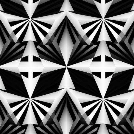 abstract vector pattern on black and white cloth material featuring sharp perspective angles, fractal-like kaleidoscopic design, luminous shadows, and multifaceted geometry. this unique art, inspired by the art of tonga, is available on spoonflower custom fabric. the pattern is showcased on a matte background and has a resolution of 3840x2160. ai generatedの素材