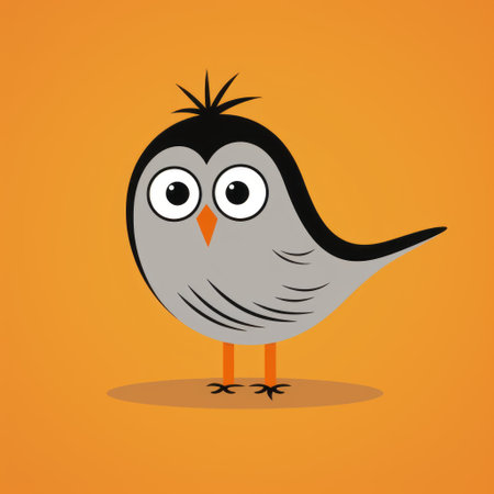 a cute gray bird with big eyes is depicted in this playful and conceptual photo. the bird is portrayed in a simple style, with light black and orange colors. the image has a low resolution and is available under a creative commons attribution license. the design features rounded shapes and sharp, clever humor, creating a vivid and bold visual. ai generatedの素材