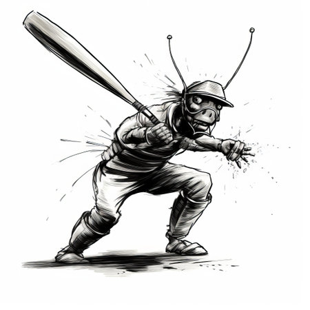 cartoon animal baseball player swinging bat at ball in monochromatic ink wash style, reminiscent of detailed science fiction illustrations by eddie colla and john larriva. the aggressive digital illustration by laurent grasso features a unique twist, as the player is made of insects. ai generatedの素材