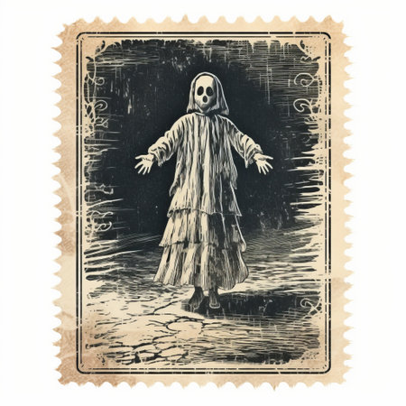 halloween ghost witch silhouette stamp featuring an old vintage design. this stamp is reminiscent of an eerie halloween ghost poster, with a touch of the unreal engine 5 style. the realistic genre scenes and multilayered realism make it a captivating piece. this associated press photo captures the essence of portrait miniatures and is inspired by the hauntingly beautiful southern gothic aesthetic. ai generatedの素材