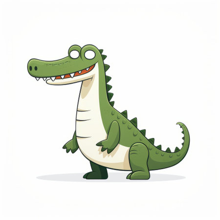 a cartoon alligator, a popular cartoon character, is depicted in this vector illustration. the cartoon alligator is shown with an open mouth, showcasing its teeth. the illustration is created in the style of a minimalist illustrator, with meticulous attention to detail. the alligator is colored in light green and dark beige, making it eye-catching. this illustration features animals and people, making it versatile for variousの素材