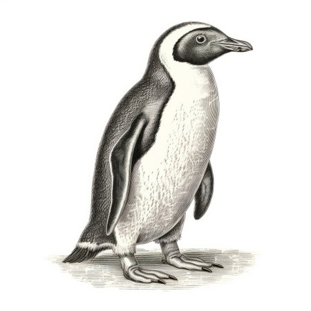 a penguin stands gracefully on a white background in this digitally enhanced illustration. the artwork is inspired by victorian engravings, featuring a light gray and light black color palette. the illustration showcases the penguin's full body, capturing the charm of late 19th-century art. this restored and repurposed piece is a stunning homage to the era. ai generatedの素材