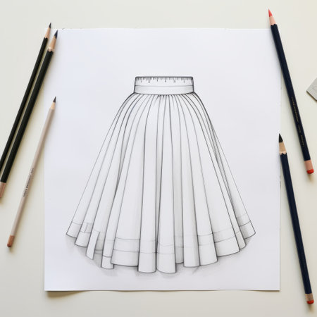 a pencil sketch of a skirt on a white board, showcasing hyperrealistic illustrations and traditional techniques. the sketch features a flat, elegant inking style with detailed character design. the composition is symmetrical, and the use of recycled materials adds an eco-friendly touch to the artwork. ai generatedの素材