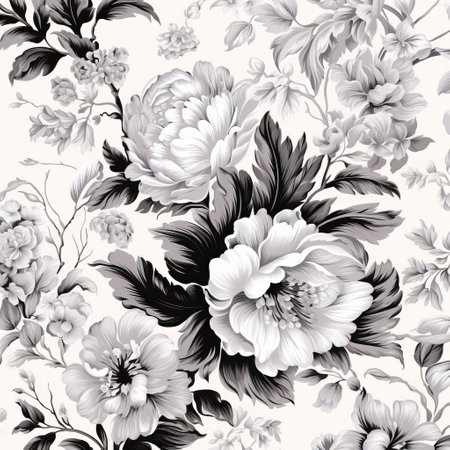 black and white floral wallpaper with realistic usage of light and color on a white background. the style is influenced by mote kei and majestic romanticism, featuring realistic color schemes and heavy shading. the design showcases intricate details and incorporates the use of fabric. ai generatedの素材