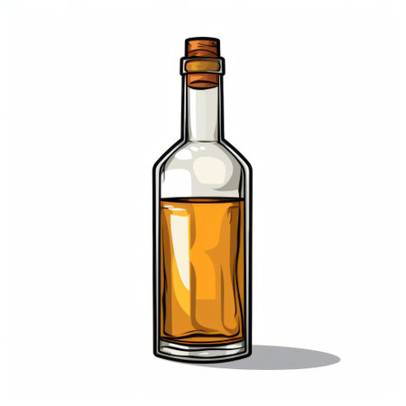 a bottle of whisky vector illustration in the style of colorful comic strips. the illustration features a white and amber bottle, reminiscent of adriaen van utrecht's artwork. the elongated graphic illustration showcases the glass material used for the bottle. ai generatedの素材
