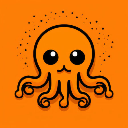 the octopus head in sailor moon coloring is a simplistic cartoon in dark orange and black. this kawaii pop art image features an elegant use of negative space, with light orange and white accents. the uhd image captures the lovecraftian essence of the octopus head. ai generatedの素材