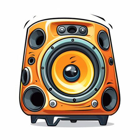 an orange speaker with a speaker icon, featuring a pop art cartoonish illustration style. the design embraces hip hop aesthetics with vibrant yellow and brown colors. the artwork showcases watercolor illustrations, adding a unique touch. it is reminiscent of 2d game art and captures lively group compositions. ai generatedの素材
