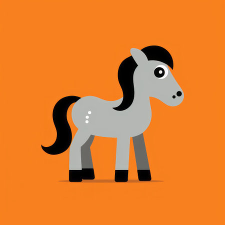 a cute pony with a black coat stands on an orange background, showcasing a minimalist graphic design style. the pony's quirky character design is enhanced by the silver and gray color scheme. the image exudes a sense of minimalist spare simplicity, with dotted details and a strong use of contrast. this design is reminiscent of the aesthetic found in adafruit's creations. ai generatedの素材