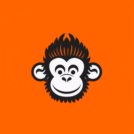 a minimalist monochrome image and logo of a monkey on an orange background. this distinctive character design, inspired by hermitpunk, adafruit, and editorial illustrations, showcases a black-and-white graphic with high resolution. ai generatedの素材