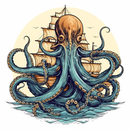 octopus tentacles gracefully intertwine with the ocean waves, creating a captivating scene. this silhouette vector art, inspired by brian mashburn's style, features detailed ship sails of a pirate ship. the colored cartoon style adds a playful touch to the classic tattoo motifs. hand-colored in dark aquamarine and beige, this artwork showcases characterful animal portraits. ai generatedの素材