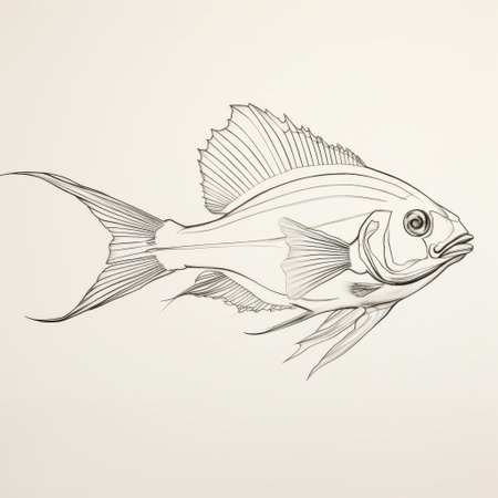 black and white illustration of a fish, featuring precise lines and contours. the realistic usage of light and color brings out the intricate details of the fish. the artwork showcases precisionist lines and minimalist sketches, reminiscent of woodblock prints. this historical illustration draws inspiration from the art of tonga. ai generatedの素材
