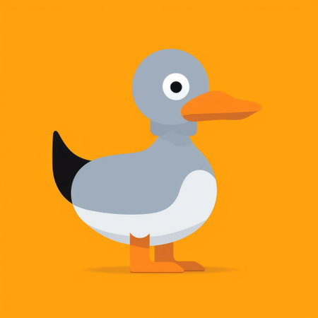 a white duck with a grey beak stands out against an orange background in this playful and simplistic character design. the illustration showcases a streamlined design, capturing the essence of the duck's characteristics. with 20 megapixels, the image displays vibrant colors, including light gray and dark blue, creating a visually appealing depiction of this charming animal. ai generatedの素材