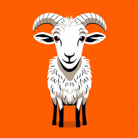 a white goat with horns stands confidently on an orange background, showcasing a simplified and stylized portrait. the strong facial expression captures the essence of snailcore, dau al set, and himalayan art. this dark humor graphic print exhibits symmetrical balance, making it a captivating and unique piece. ai generatedの素材