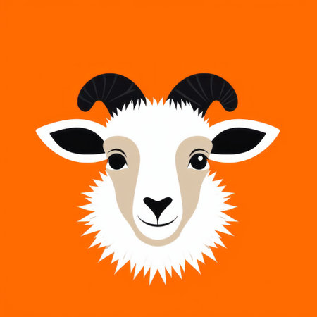 a minimalistic and eye-catching icon of a goat with big horns. this white and orange portrait, reminiscent of a whimsical children's book illustration, features a bold color field and a symmetrical asymmetry. the strong facial expression of the goat adds to its charm and appeal. ai generatedの素材